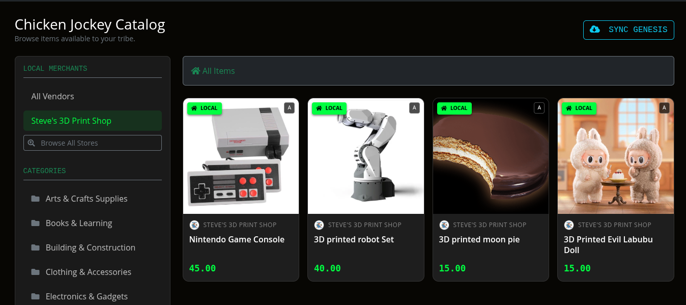 Screenshot of the Tribe Catalog showing filters and products