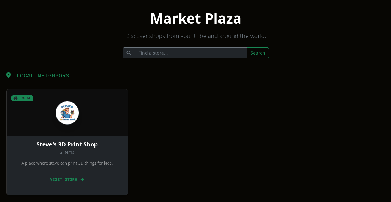 Screenshot of the Market Plaza showing local and global vendors